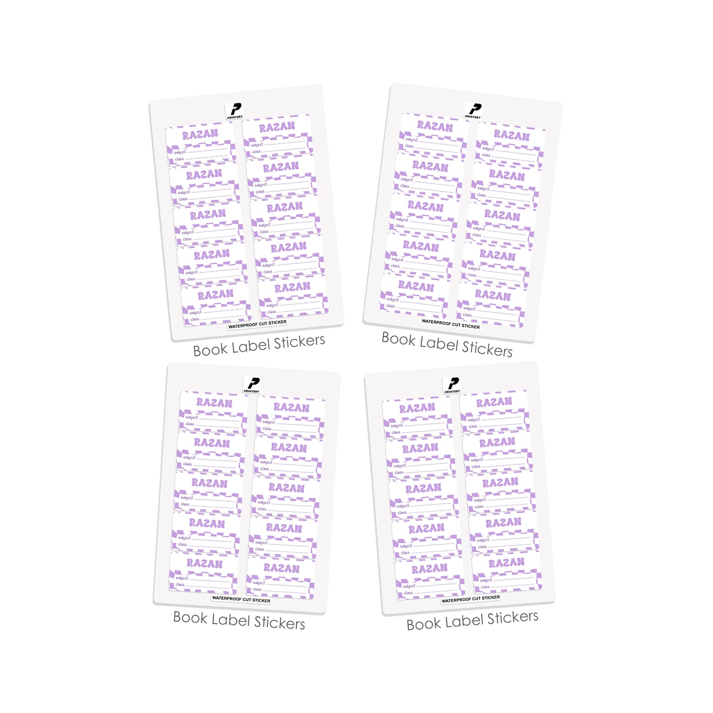 School Label Stickers Pack D147 - Purple Retro Check Pattern