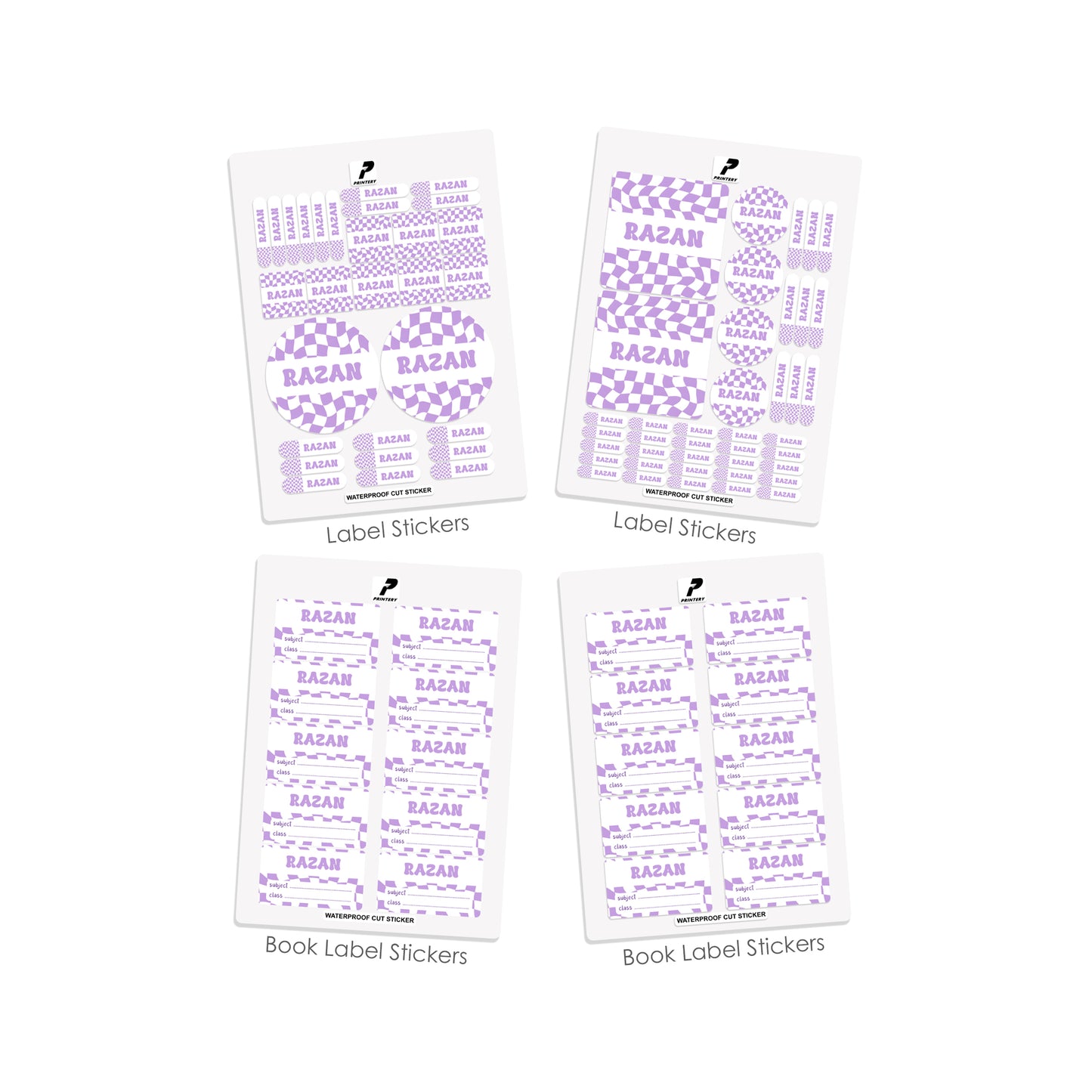 School Label Stickers Pack D147 - Purple Retro Check Pattern