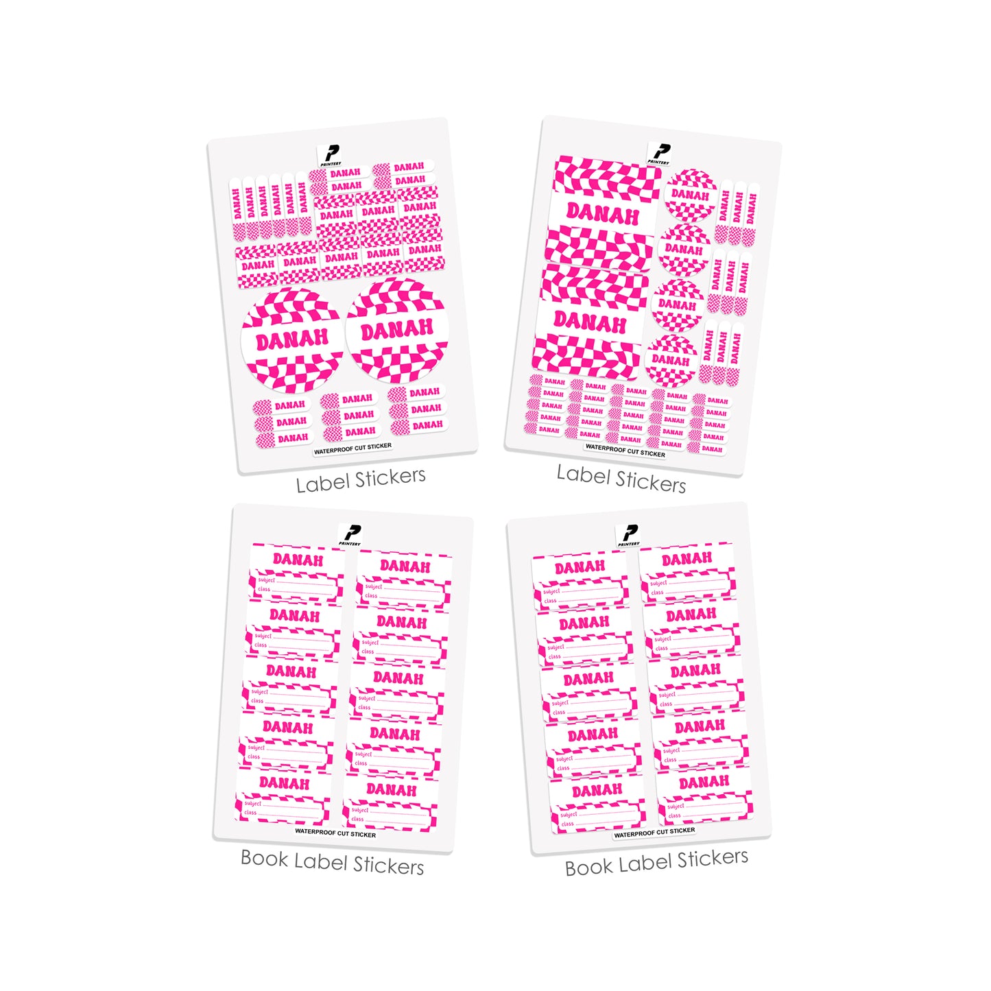 School Label Stickers Pack D146 - Pink Retro Check Pattern