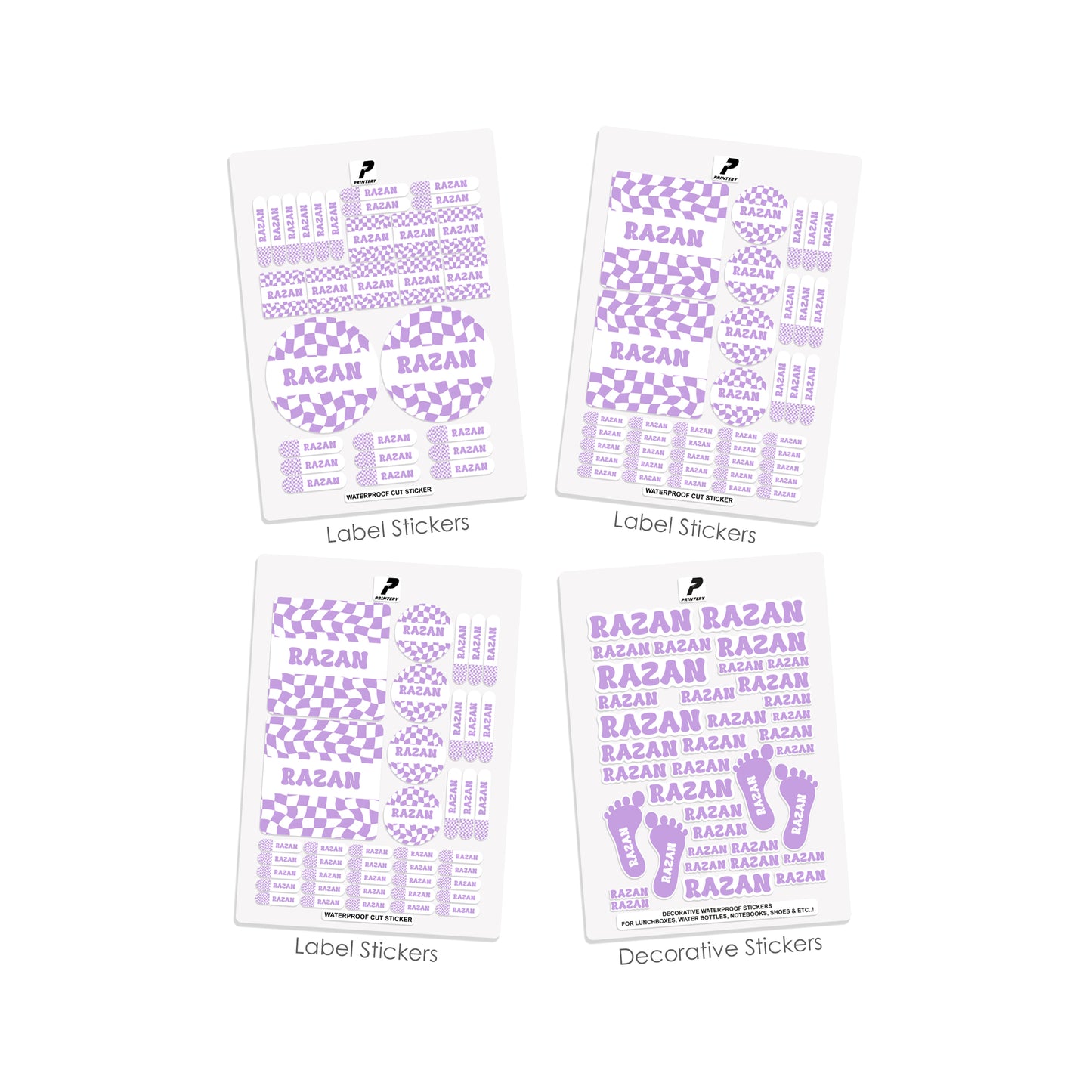 School Label Stickers Pack D147 - Purple Retro Check Pattern