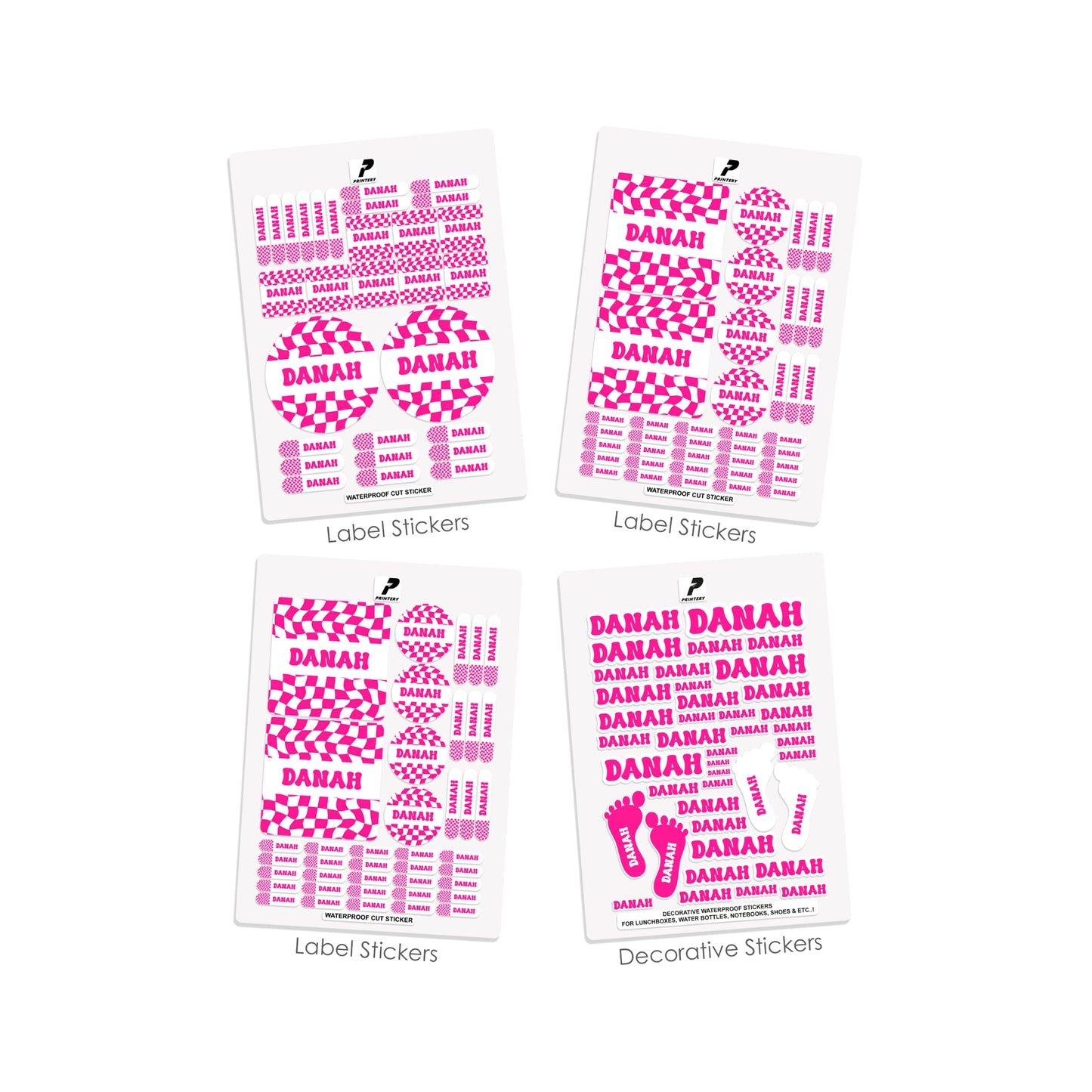School Label Stickers Pack D146 - Pink Retro Check Pattern