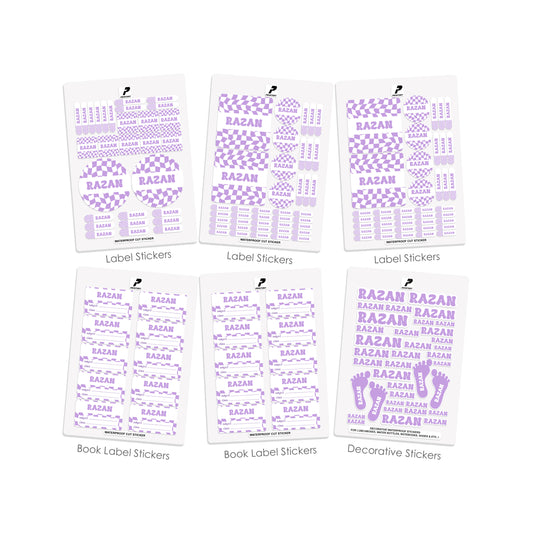 School Label Stickers Pack D147 - Purple Retro Check Pattern