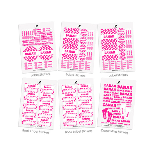 School Label Stickers Pack D146 - Pink Retro Check Pattern