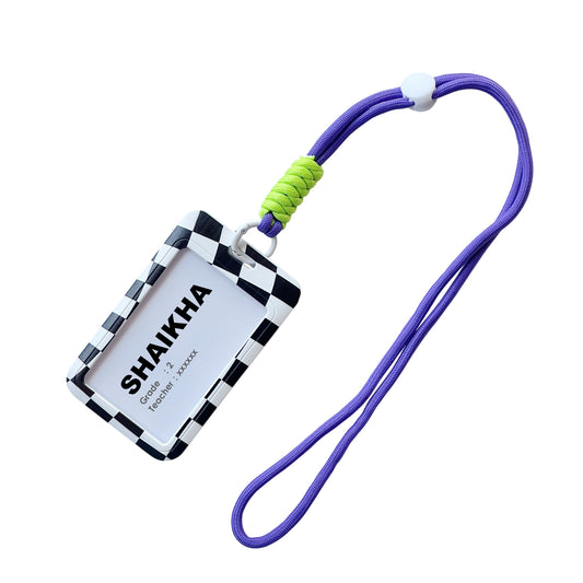 School ID Holder Tag Purple Square B&W
